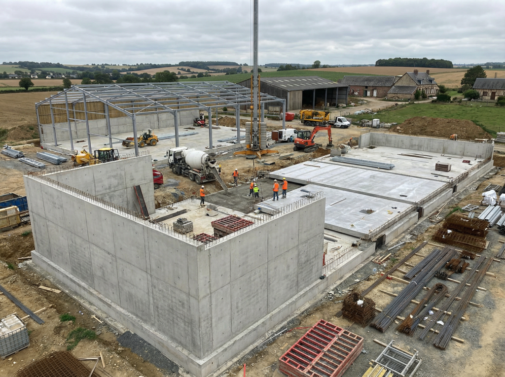 Chantier construction avec ouvriers et matériel, ciel nuageux.